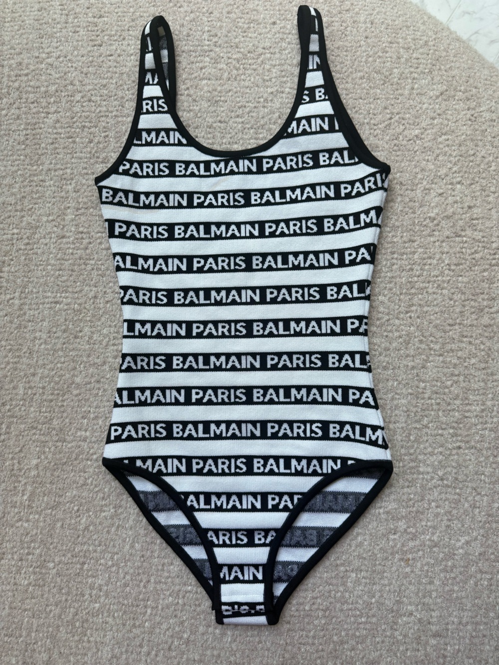 Balmain Black and White Striped Logo Knit bodysuit